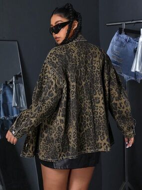 Oversized Leopard Print Jean Jacket - Olive/Black
